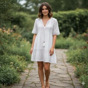 Knox Rose White Cotton Boho Peasant Mini Dress Size L Short Sleeve